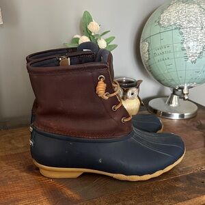 Sperry women’s  Brown Leather and Navy Rubber Rain Boots